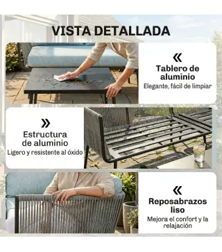 Conjunto de Muebles de Ratán de Exterior Sofá de Esquina con Cojines y Mesa de Centro para Terraza Patio Azul Claro