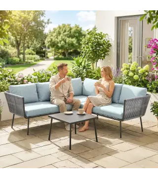 Conjunto de Muebles de Ratán de Exterior Sofá de Esquina con Cojines y Mesa de Centro para Terraza Patio Azul Claro
