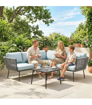 Conjunto de Muebles de Ratán de Exterior Sofá de Esquina con Cojines y Mesa de Centro para Terraza Patio Azul Claro