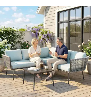 Conjunto de Muebles de Ratán de Exterior Sofá de Esquina con Cojines y Mesa de Centro para Terraza Patio Azul Claro