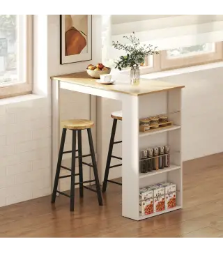 Mesa de Bar Mesa de Bistró Mesa de Comedor Mesa Alta con 3 Estantes Laterales y Estructura de Madera 112x57x106cm Blanco