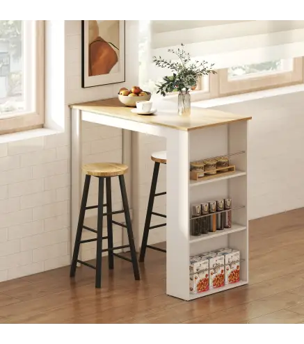 Mesa de Bar Mesa de Bistró Mesa de Comedor Mesa Alta con 3 Estantes Laterales y Estructura de Madera 112x57x106cm Blanco