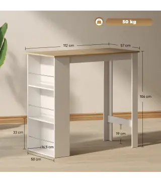 Mesa de Bar Mesa de Bistró Mesa de Comedor Mesa Alta con 3 Estantes Laterales y Estructura de Madera 112x57x106cm Blanco