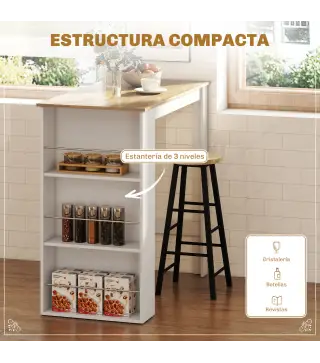 Mesa de Bar Mesa de Bistró Mesa de Comedor Mesa Alta con 3 Estantes Laterales y Estructura de Madera 112x57x106cm Blanco