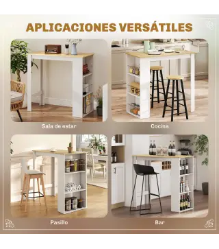 Mesa de Bar Mesa de Bistró Mesa de Comedor Mesa Alta con 3 Estantes Laterales y Estructura de Madera 112x57x106cm Blanco