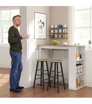 Mesa de Bar Mesa de Bistró Mesa de Comedor Mesa Alta con 3 Estantes Laterales y Estructura de Madera 112x57x106cm Blanco