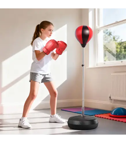 Saco de Boxeo de Pie Punching Ball con Altura Ajustable de 4 Niveles en 126-144 cm Base Rellenable de Agua o Arena Guantes y Inf