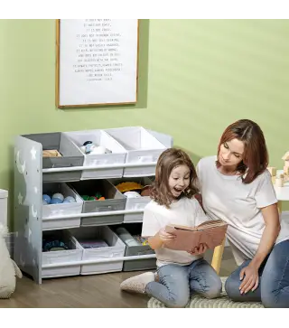 Organizador de Juguetes con 9 Cajas de Tela no Tejida Extraíbles para Dormitorio Guardería 63x30x60 cm Gris