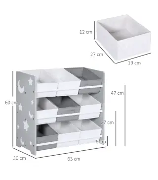 Organizador de Juguetes con 9 Cajas de Tela no Tejida Extraíbles para Dormitorio Guardería 63x30x60 cm Gris