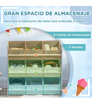 Organizador de Juguetes con 9 Cajas de Tela no Tejida Extraíbles para Dormitorio Guardería 63x30x60 cm Gris