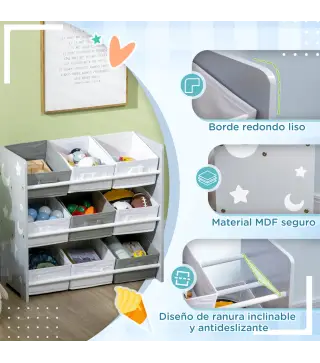 Organizador de Juguetes con 9 Cajas de Tela no Tejida Extraíbles para Dormitorio Guardería 63x30x60 cm Gris