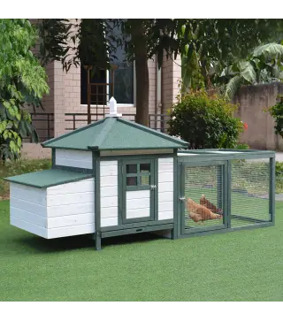 Gallinero de Madera Jaula para Gallinas de Exterior con Nido Bandeja Extraíble y Espacio para Correr 196x76x97 cm Verde