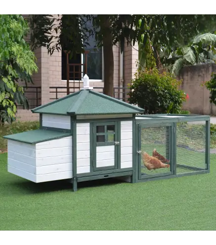 Gallinero de Madera Jaula para Gallinas de Exterior con Nido Bandeja Extraíble y Espacio para Correr 196x76x97 cm Verde