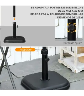 Base de Sombrilla de Jardín Peso 11 kg Soporte para Parasol Pie de Parasol para Mástil de Ø32-38 mm 36x36x31 cm Negro