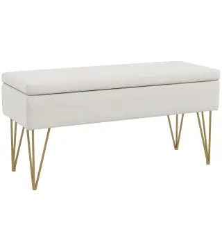 Banco Pie de Cama Tapizado en Lino Sintético con Patas de Acero y Asiento Acolchado Crema