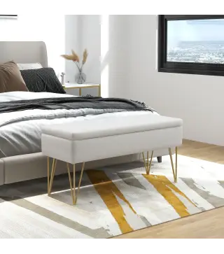 Banco Pie de Cama Tapizado en Lino Sintético con Patas de Acero y Asiento Acolchado Crema