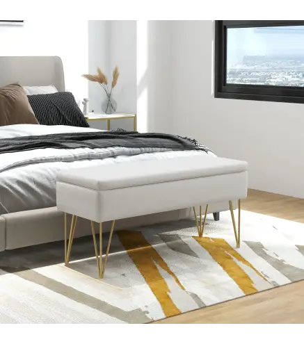 Banco Pie de Cama Tapizado en Lino Sintético con Patas de Acero y Asiento Acolchado Crema