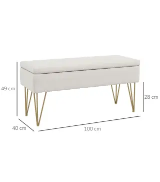 Banco Pie de Cama Tapizado en Lino Sintético con Patas de Acero y Asiento Acolchado Crema