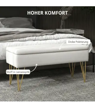 Banco Pie de Cama Tapizado en Lino Sintético con Patas de Acero y Asiento Acolchado Crema