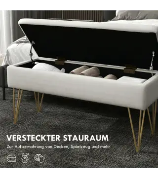 Banco Pie de Cama Tapizado en Lino Sintético con Patas de Acero y Asiento Acolchado Crema