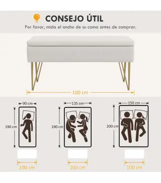 Banco Pie de Cama Tapizado en Lino Sintético con Patas de Acero y Asiento Acolchado Crema