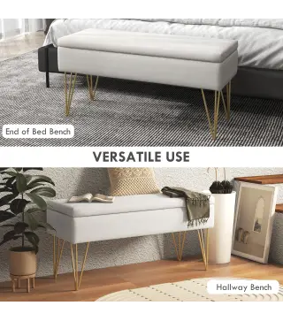 Banco Pie de Cama Tapizado en Lino Sintético con Patas de Acero y Asiento Acolchado Crema