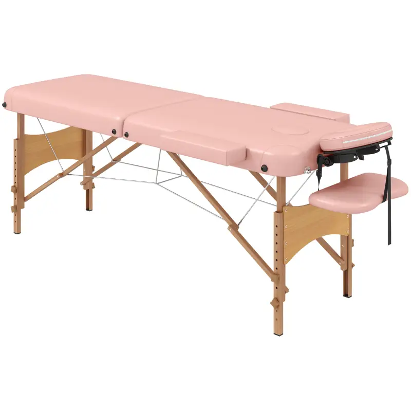 Camilla de Masaje Plegable con Reposacabezas Extraíble Asa Marco de Madera y Altura Regulable 210x81x67-92 cm Rosa