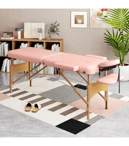 Camilla de Masaje Plegable con Reposacabezas Extraíble Asa Marco de Madera y Altura Regulable 210x81x67-92 cm Rosa