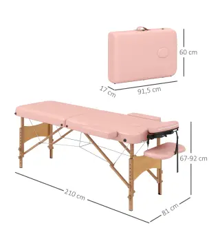 Camilla de Masaje Plegable con Reposacabezas Extraíble Asa Marco de Madera y Altura Regulable 210x81x67-92 cm Rosa