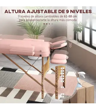 Camilla de Masaje Plegable con Reposacabezas Extraíble Asa Marco de Madera y Altura Regulable 210x81x67-92 cm Rosa