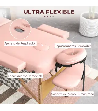 Camilla de Masaje Plegable con Reposacabezas Extraíble Asa Marco de Madera y Altura Regulable 210x81x67-92 cm Rosa