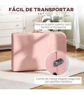 Camilla de Masaje Plegable con Reposacabezas Extraíble Asa Marco de Madera y Altura Regulable 210x81x67-92 cm Rosa