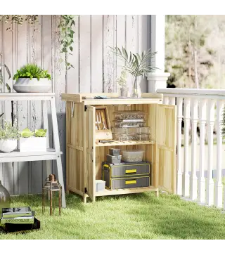 Armario de Exterior, Cobertizo para Herramientas con Estante, en Madera con 2 Puertas para Jardín, Patio, Color Madera