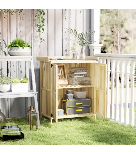 Armario de Exterior, Cobertizo para Herramientas con Estante, en Madera con 2 Puertas para Jardín, Patio, Color Madera