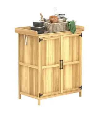 Armario de Exterior, Cobertizo para Herramientas con Estante, en Madera con 2 Puertas para Jardín, Patio, Color Madera