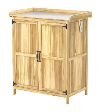 Armario de Exterior, Cobertizo para Herramientas con Estante, en Madera con 2 Puertas para Jardín, Patio, Color Madera