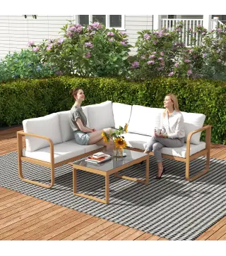 Conjunto de Jardín de 3 Piezas con Sofá Convertible en Tumbona Cojines Cómodos y Mesa de Vidrio Templado para Exterior