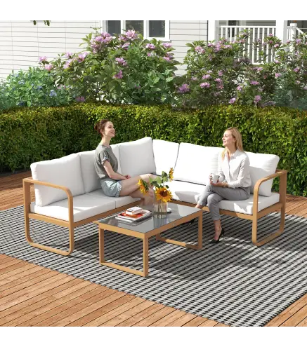 Conjunto de Jardín de 3 Piezas con Sofá Convertible en Tumbona Cojines Cómodos y Mesa de Vidrio Templado para Exterior