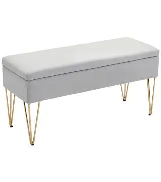 Banco Pie de Cama Tapizado en Lino Sintético con Patas de Acero y Asiento Acolchado Gris Claro