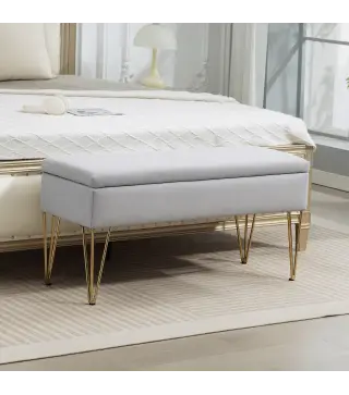 Banco Pie de Cama Tapizado en Lino Sintético con Patas de Acero y Asiento Acolchado Gris Claro