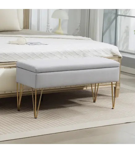 Banco Pie de Cama Tapizado en Lino Sintético con Patas de Acero y Asiento Acolchado Gris Claro