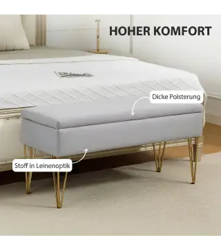 Banco Pie de Cama Tapizado en Lino Sintético con Patas de Acero y Asiento Acolchado Gris Claro