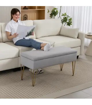 Banco Pie de Cama Tapizado en Lino Sintético con Patas de Acero y Asiento Acolchado Gris Claro