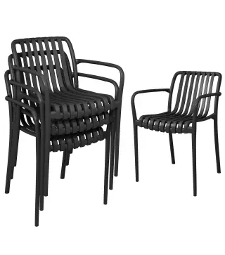 Juego de 4 Sillas de Jardín Exterior Apilables de PP con Respaldo Curvado Asiento de Listones 55x58,5x81,5 cm Negro