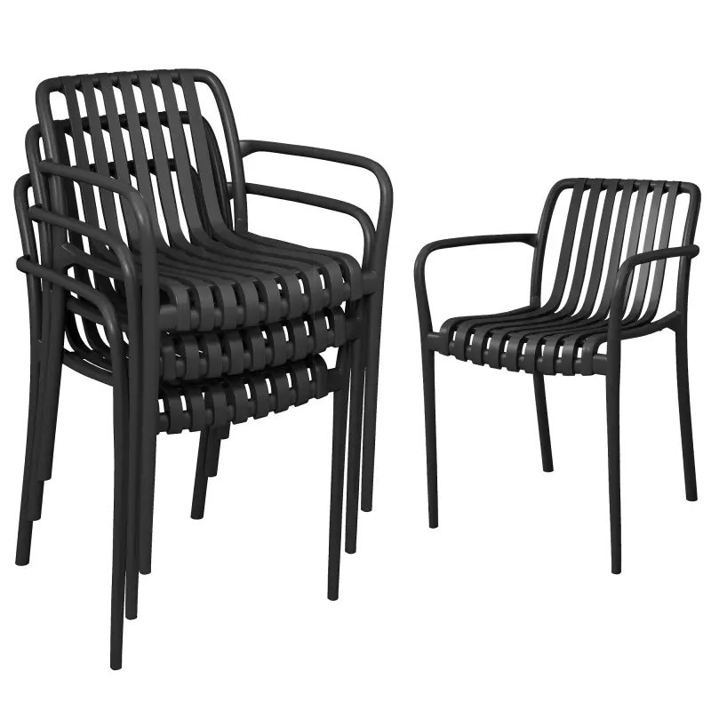 Juego de 4 Sillas de Jardín Exterior Apilables de PP con Respaldo Curvado Asiento de Listones 55x58,5x81,5 cm Negro