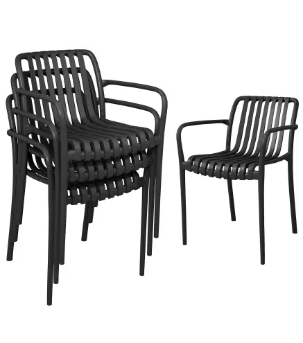 Juego de 4 Sillas de Jardín Exterior Apilables de PP con Respaldo Curvado Asiento de Listones 55x58,5x81,5 cm Negro