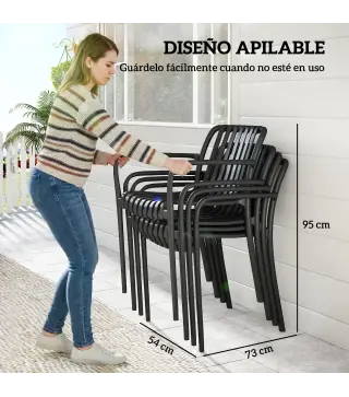 Juego de 4 Sillas de Jardín Exterior Apilables de PP con Respaldo Curvado Asiento de Listones 55x58,5x81,5 cm Negro