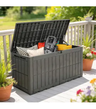 Arcón Exterior Capacidad 440L de Resina Resistente al Agua y a los Rayos UV con Tapa Bloqueable Barras de Gas Café