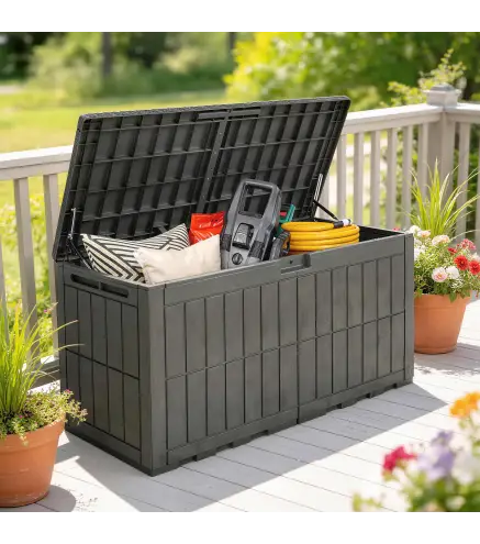 Arcón Exterior Capacidad 440L de Resina Resistente al Agua y a los Rayos UV con Tapa Bloqueable Barras de Gas Café