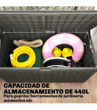 Arcón Exterior Capacidad 440L de Resina Resistente al Agua y a los Rayos UV con Tapa Bloqueable Barras de Gas Café